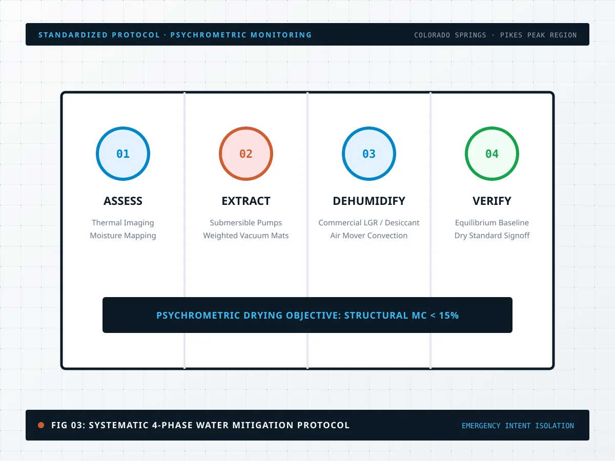 Standardized 4-phase water mitigation protocol showing assessment, extraction, drying, and verification