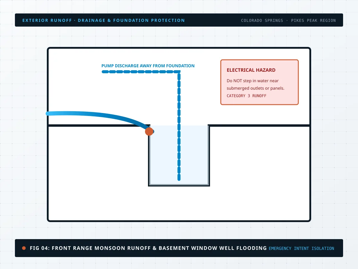 Diagram of Front Range storm runoff approaching a window well with electrical safety boundaries