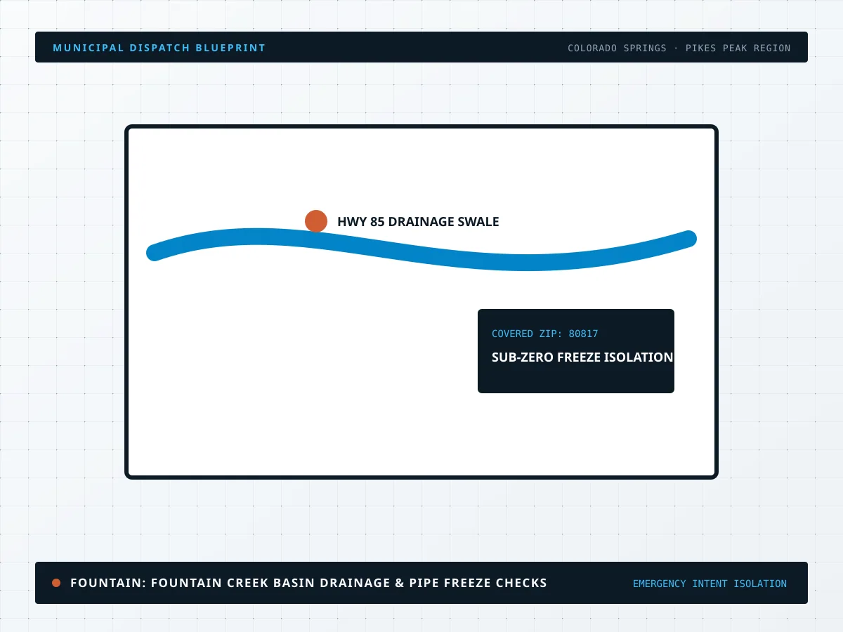Technical dispatch diagram for Fountain Creek basin drainage and sub-zero pipe protection in Fountain, CO