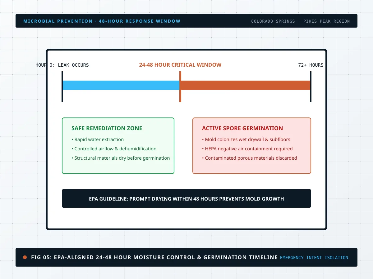 Diagram showing the critical 24-48 hour moisture response window before microbial germination