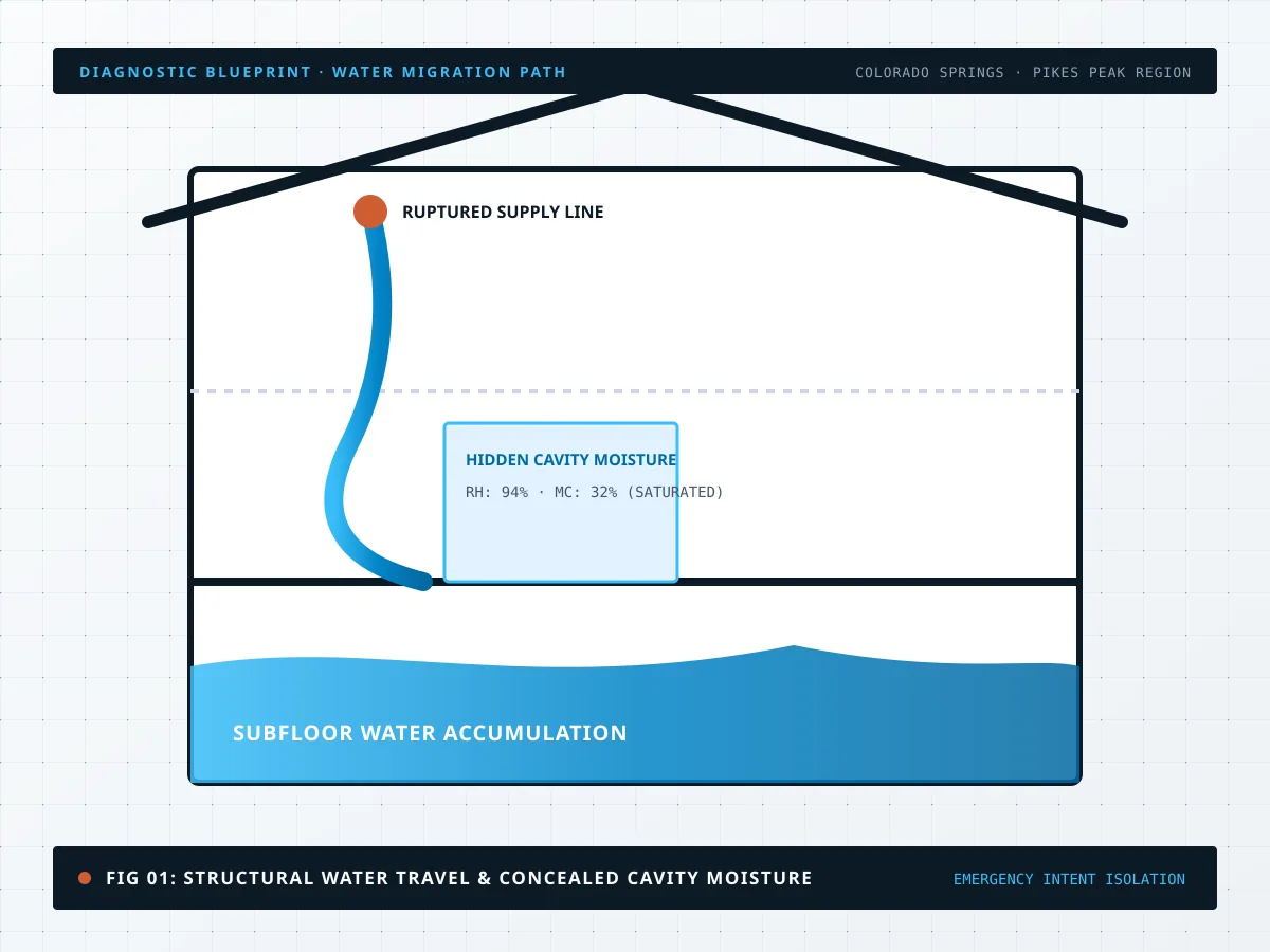 Technical blueprint showing moisture travel paths behind dry wallboard and subfloors; not a job photo